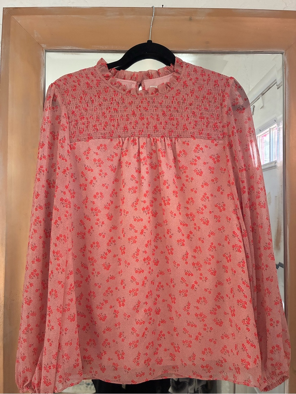 Boden Pink Floral Smocked Yoke Long-Sleeve Blouse | Size 10